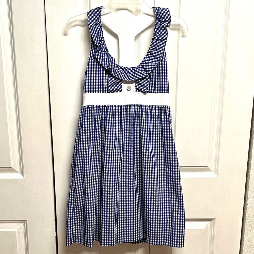 Britt Ryan Blue Gingham Ruffle-Trim Mini Dress with White Waistband Size 2
